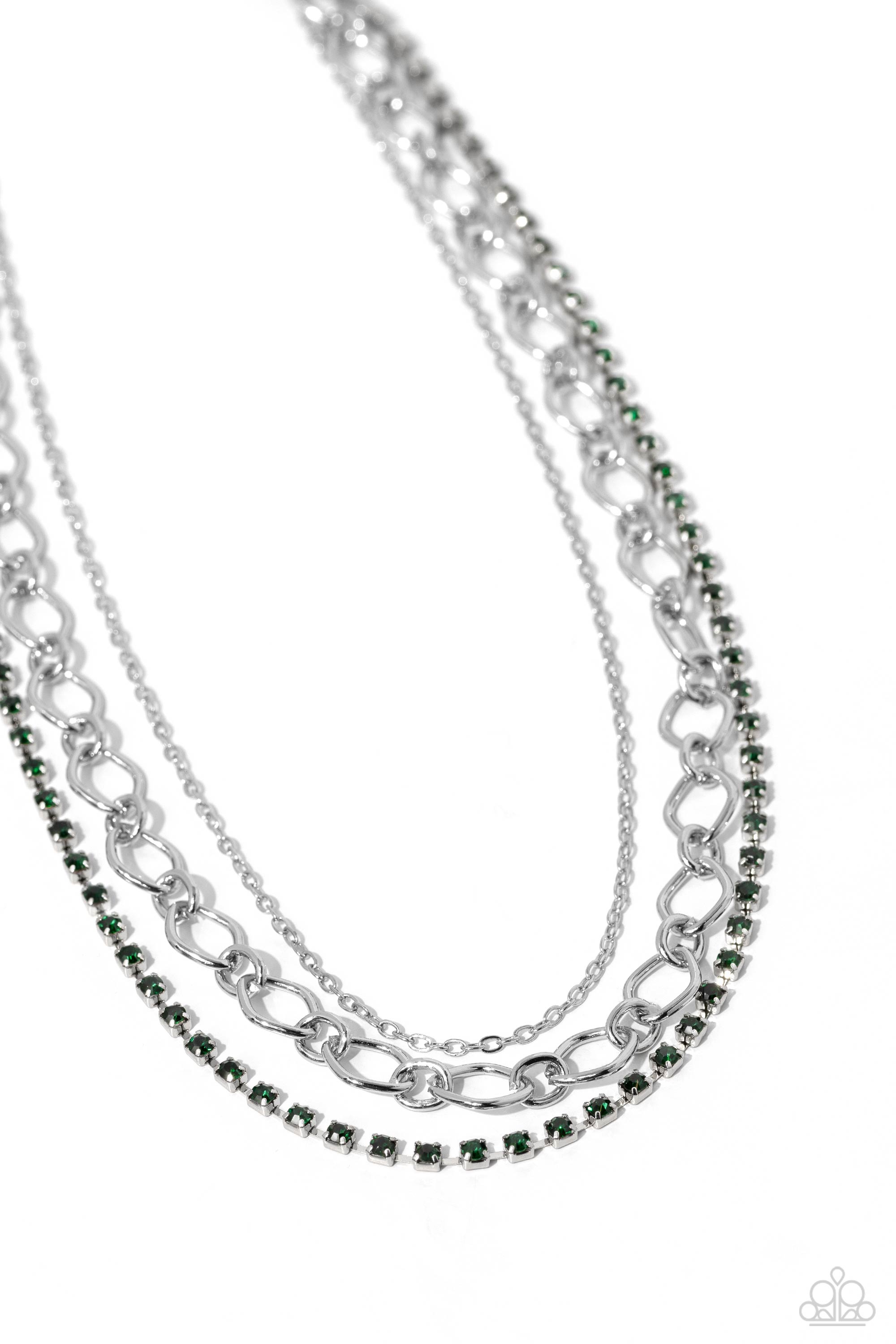 Tasteful Tiers Green Rhinestone Necklace - Paparazzi Accessories- lightbox - CarasShop.com - Paparazzi Jewelry by Cara Jewels