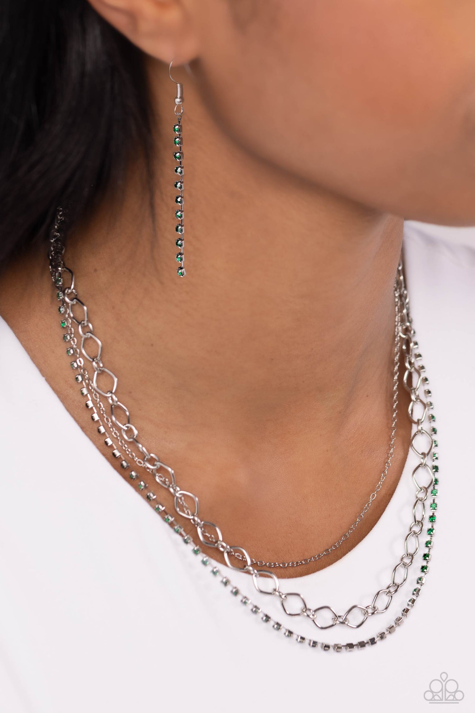 Tasteful Tiers Green Rhinestone Necklace - Paparazzi Accessories- lightbox - CarasShop.com - Paparazzi Jewelry by Cara Jewels
