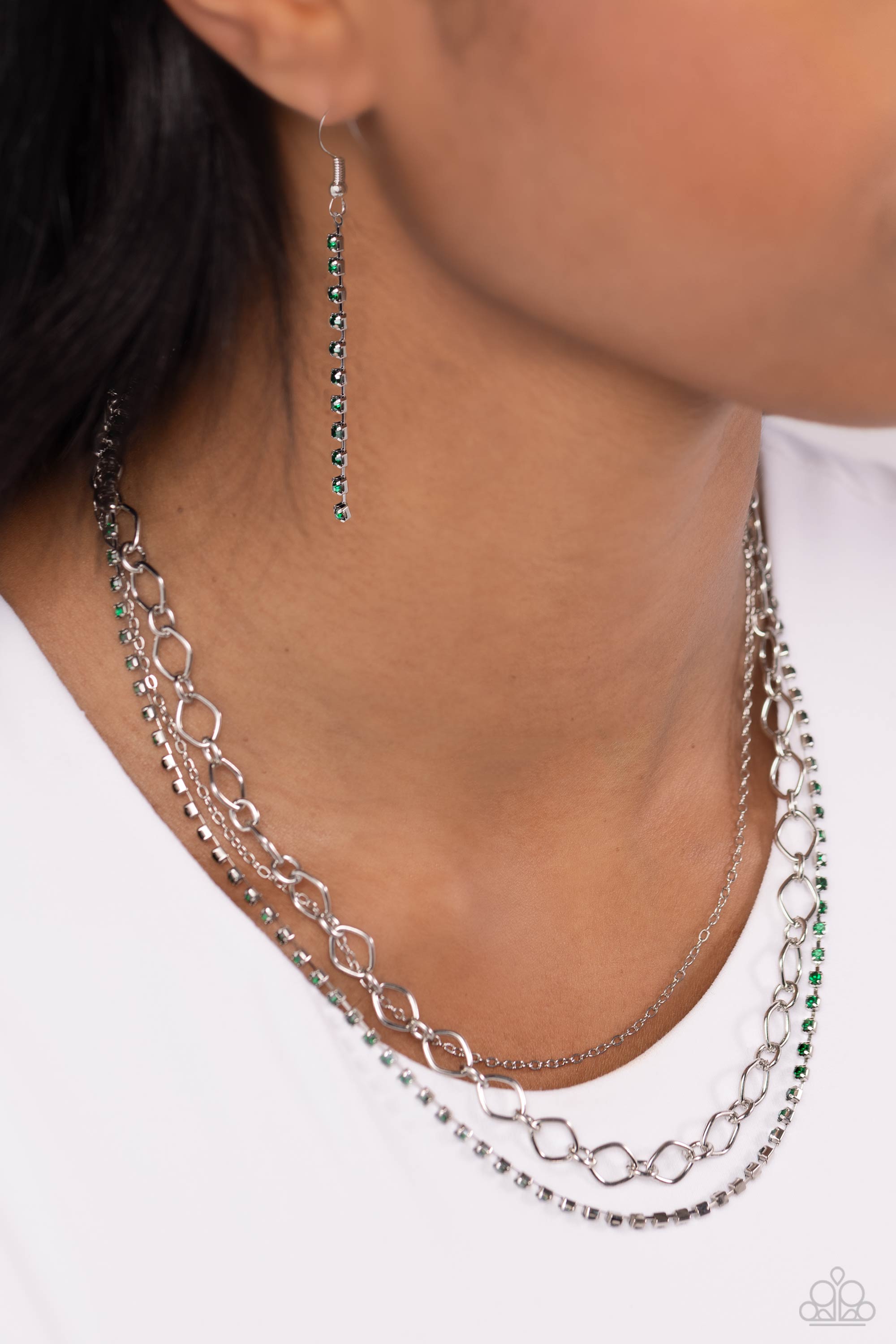 Tasteful Tiers Green Rhinestone Necklace - Paparazzi Accessories- lightbox - CarasShop.com - Paparazzi Jewelry by Cara Jewels