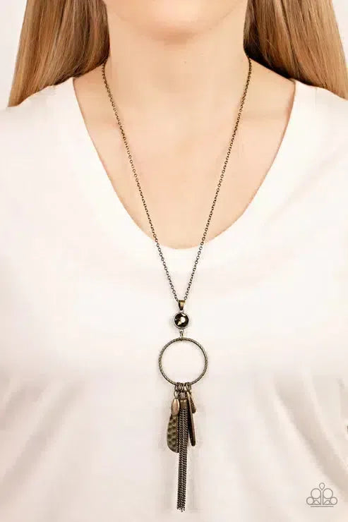 Tastefully Tasseled Brass Necklace - Paparazzi Accessories-on model - CarasShop.com - Paparazzi Jewelry by Cara Jewels
