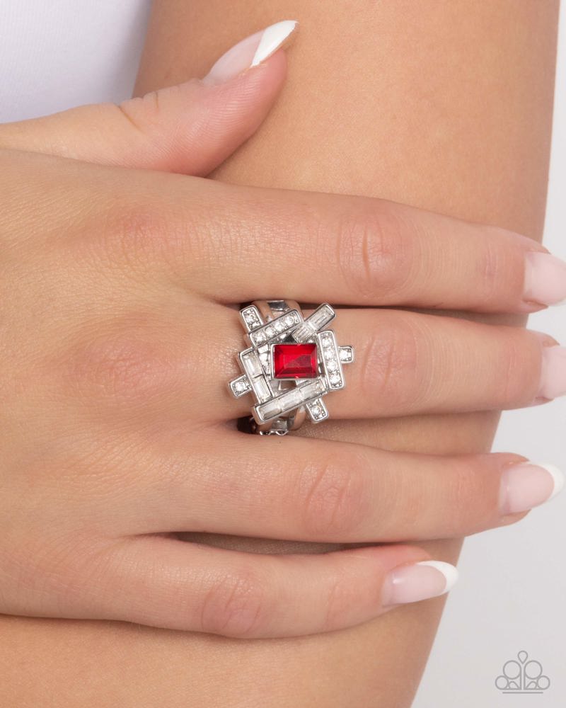 Tastefully Tilted Red Ring - Paparazzi Accessories- on model - CarasShop.com - Paparazzi Jewelry by Cara Jewels