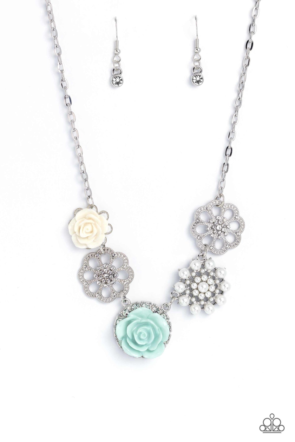 Tea Party Favors Blue Floral Necklace - Paparazzi Accessories- lightbox - CarasShop.com - Paparazzi Jewelry by Cara Jewels
