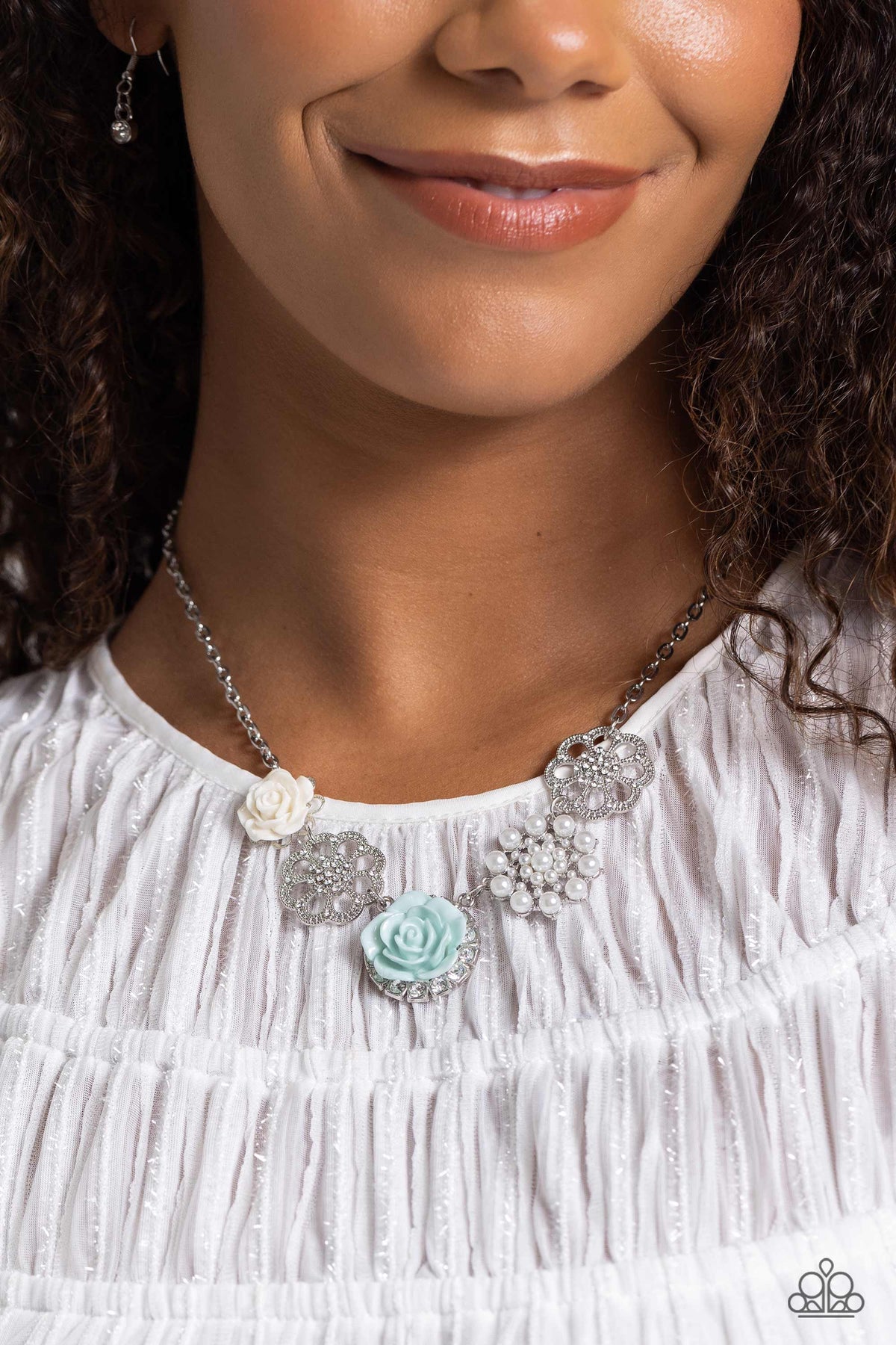 Tea Party Favors Blue Floral Necklace - Paparazzi Accessories- on model - CarasShop.com - Paparazzi Jewelry by Cara Jewels
