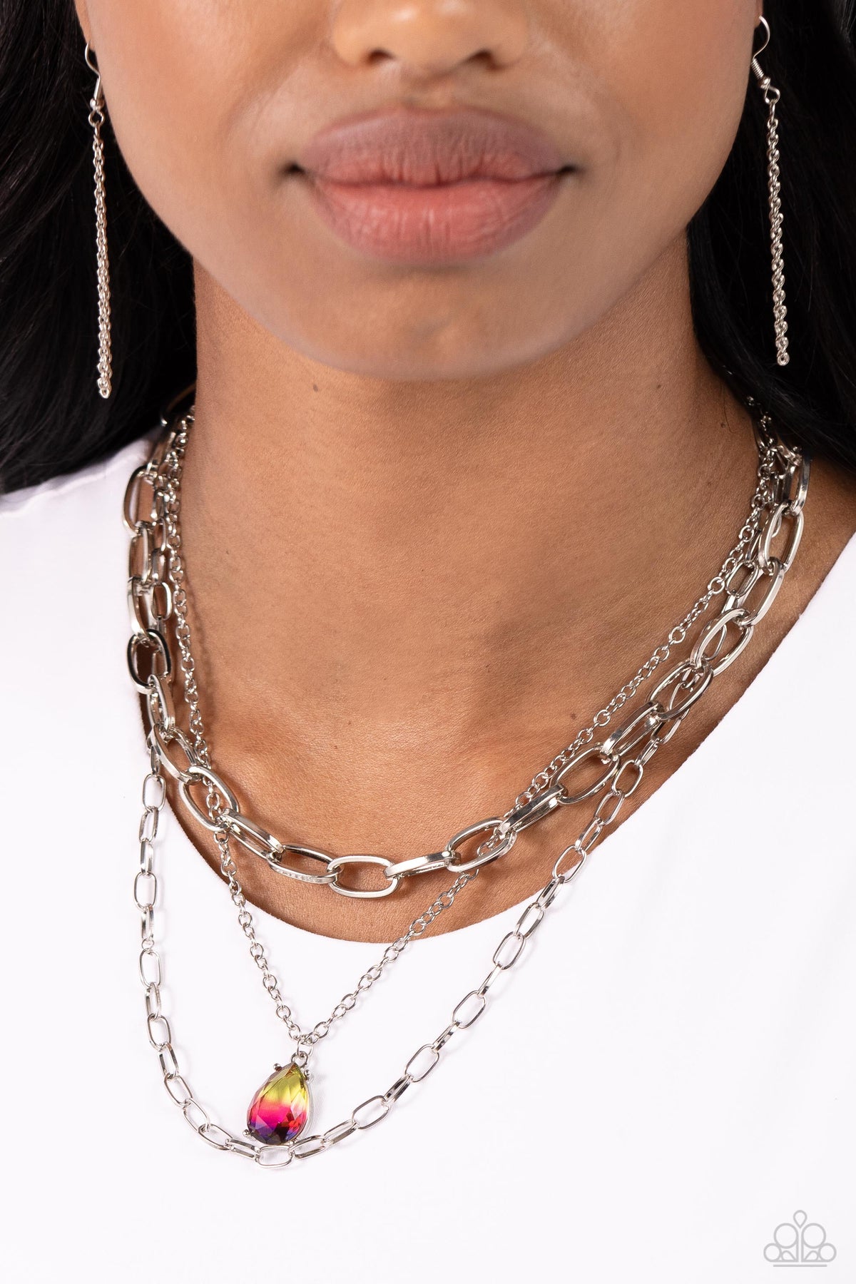 Teardrop Tiers Multi Ombre Yellow Gem and Silver Chain Necklace - Paparazzi Accessories- on model - CarasShop.com - Paparazzi Jewelry by Cara Jewels