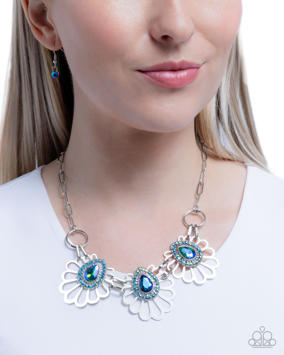 Teardrop Timeline Green & Blue UV Shimmer Floral Necklace - Paparazzi Accessories-on model - CarasShop.com - Paparazzi Jewelry by Cara Jewels