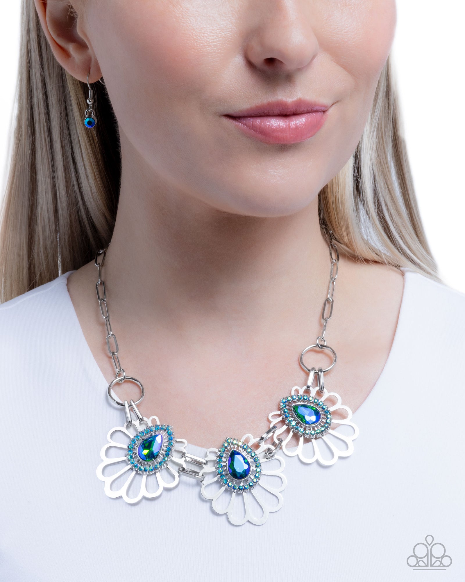 Teardrop Timeline Green & Blue UV Shimmer Floral Necklace - Paparazzi Accessories- lightbox - CarasShop.com - Paparazzi Jewelry by Cara Jewels