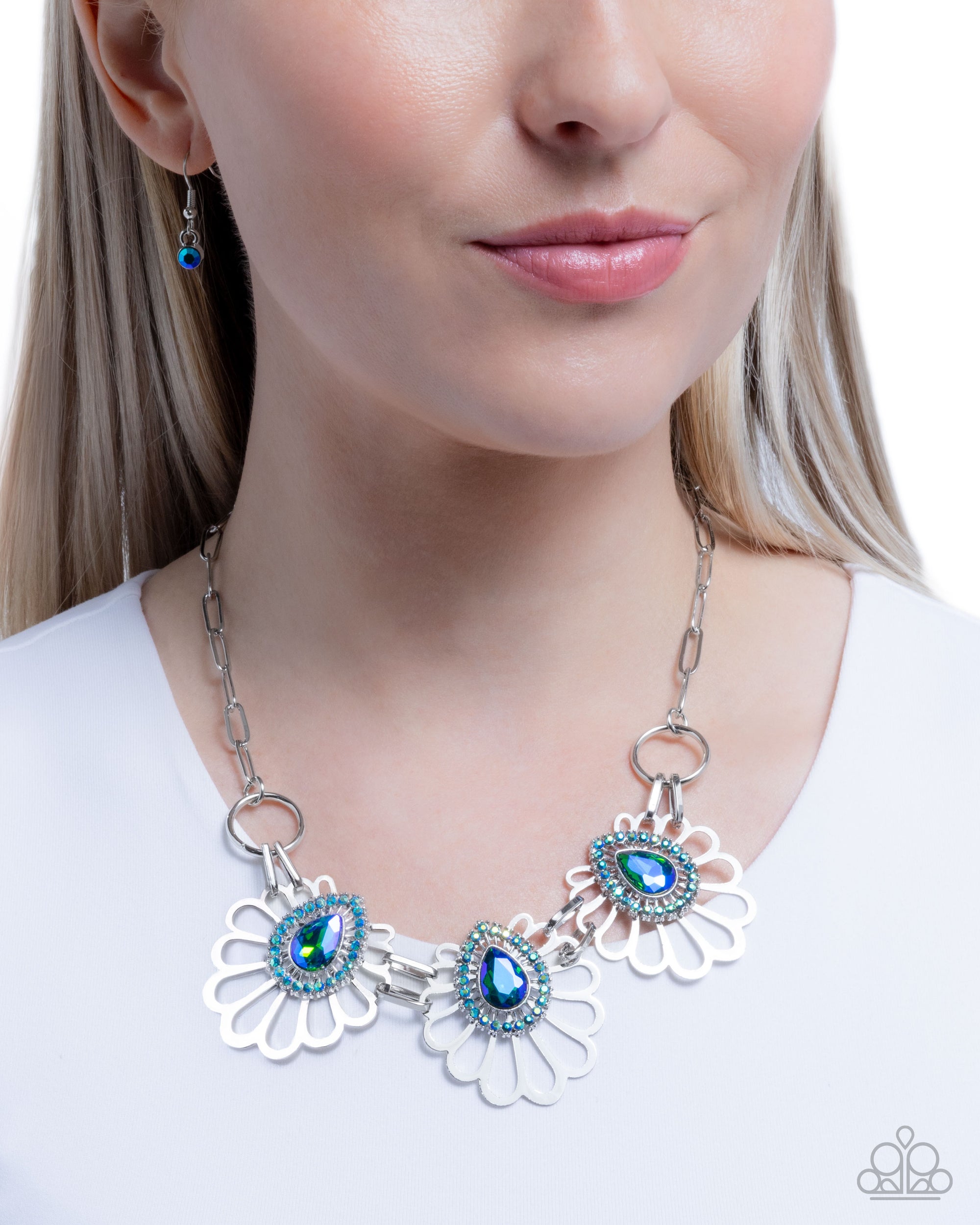 Teardrop Timeline Green & Blue UV Shimmer Floral Necklace - Paparazzi Accessories- lightbox - CarasShop.com - Paparazzi Jewelry by Cara Jewels