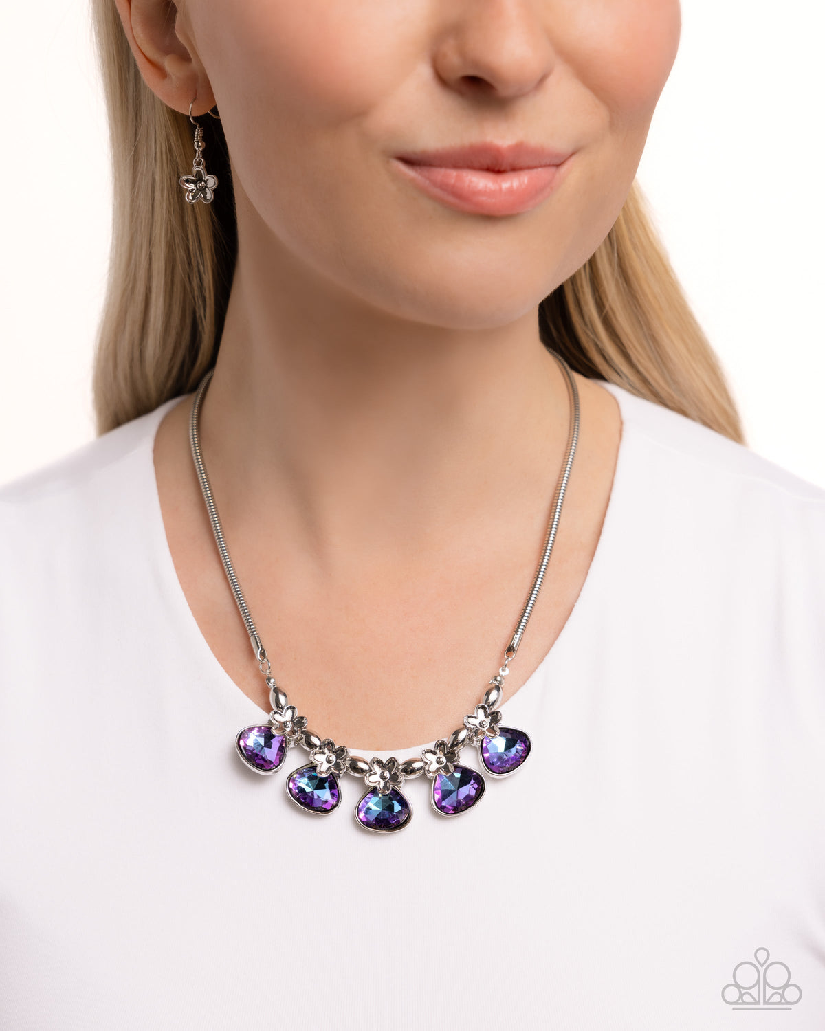 Teardrop Tribute Purple Rhinestone Necklace - Paparazzi Accessories- on model - CarasShop.com - Paparazzi Jewelry by Cara Jewels