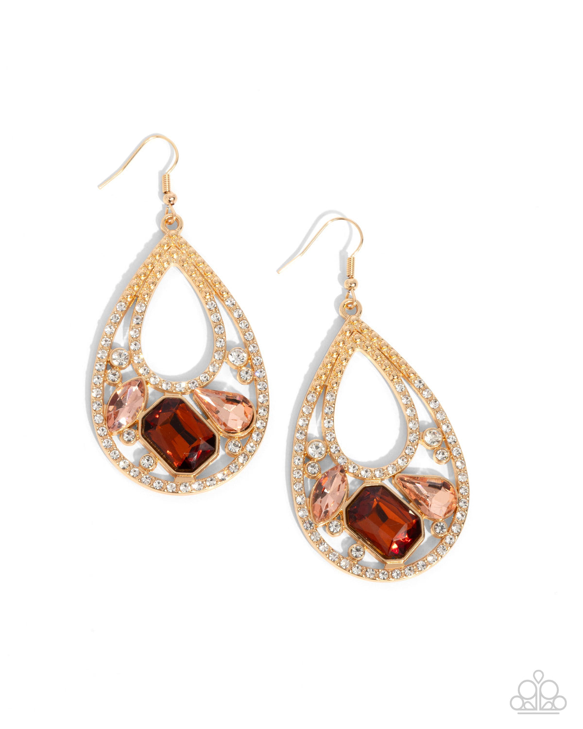 Teardrop Trifecta Brown Gem & Gold Earrings - Paparazzi Accessories- lightbox - CarasShop.com - Paparazzi Jewelry by Cara Jewels