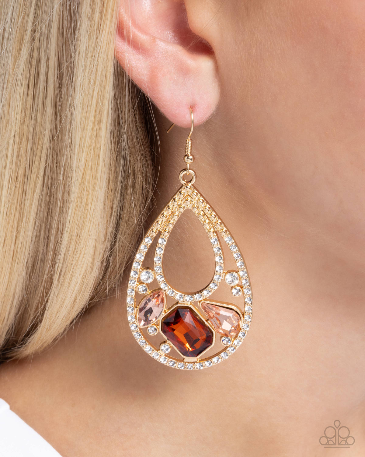 Teardrop Trifecta Brown Gem & Gold Earrings - Paparazzi Accessories- on model - CarasShop.com - Paparazzi Jewelry by Cara Jewels