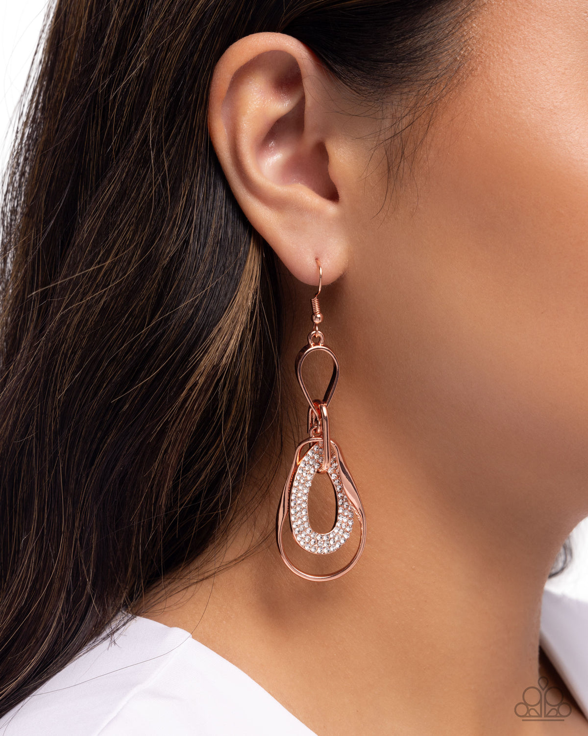Teardrop Triumph Copper & White Rhinestone Earrings - Paparazzi Accessories- on model - CarasShop.com - Paparazzi Jewelry by Cara Jewels
