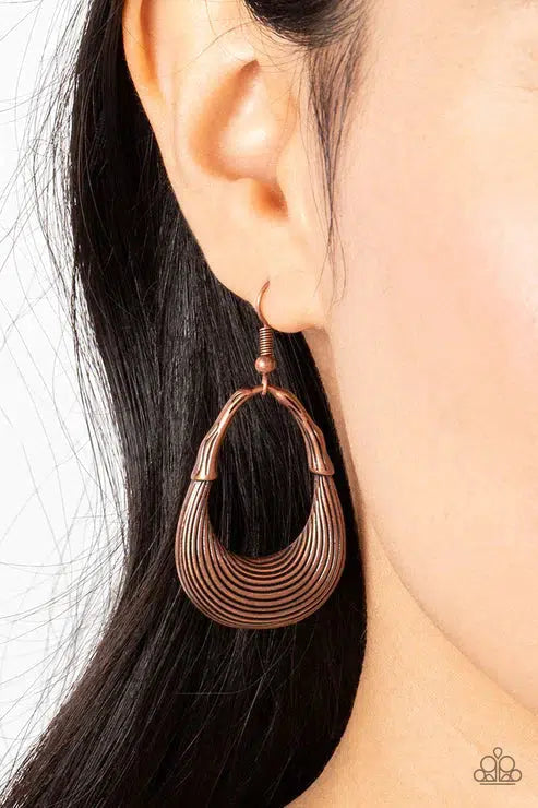 Terra Timber Copper Earrings - Paparazzi Accessories- on model - CarasShop.com - Paparazzi Jewelry by Cara Jewels