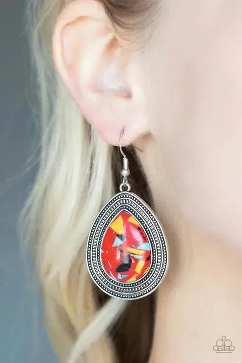 Terrazzo Tundra Red Earrings - Paparazzi Accessories-on model - CarasShop.com - Paparazzi Jewelry by Cara Jewels