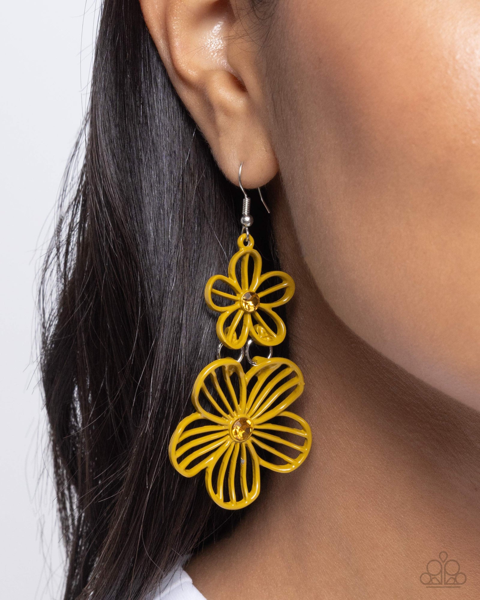 Textured Tiers Yellow Flower Earrings - Paparazzi Accessories- lightbox - CarasShop.com - Paparazzi Jewelry by Cara Jewels
