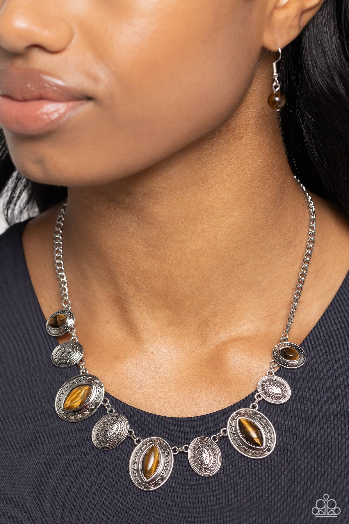 Textured Trailblazer Brown Tiger's Eye Stone Necklace - Paparazzi Accessories- on model - CarasShop.com - Paparazzi Jewelry by Cara Jewels