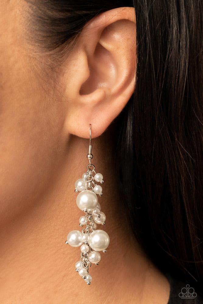 The Rumors Are True White Earrings - Paparazzi Accessories- on model - CarasShop.com - Paparazzi Jewelry by Cara Jewels