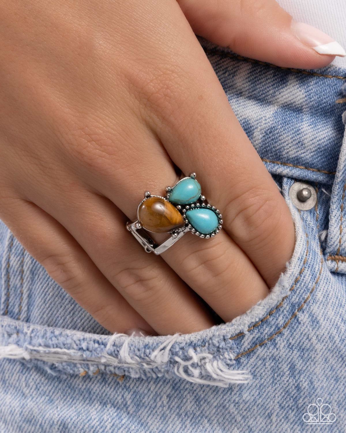 Themed Trio Brown Tigers Eye and Turquoise Stone Ring - Paparazzi Accessories- on model - CarasShop.com - Paparazzi Jewelry by Cara Jewels