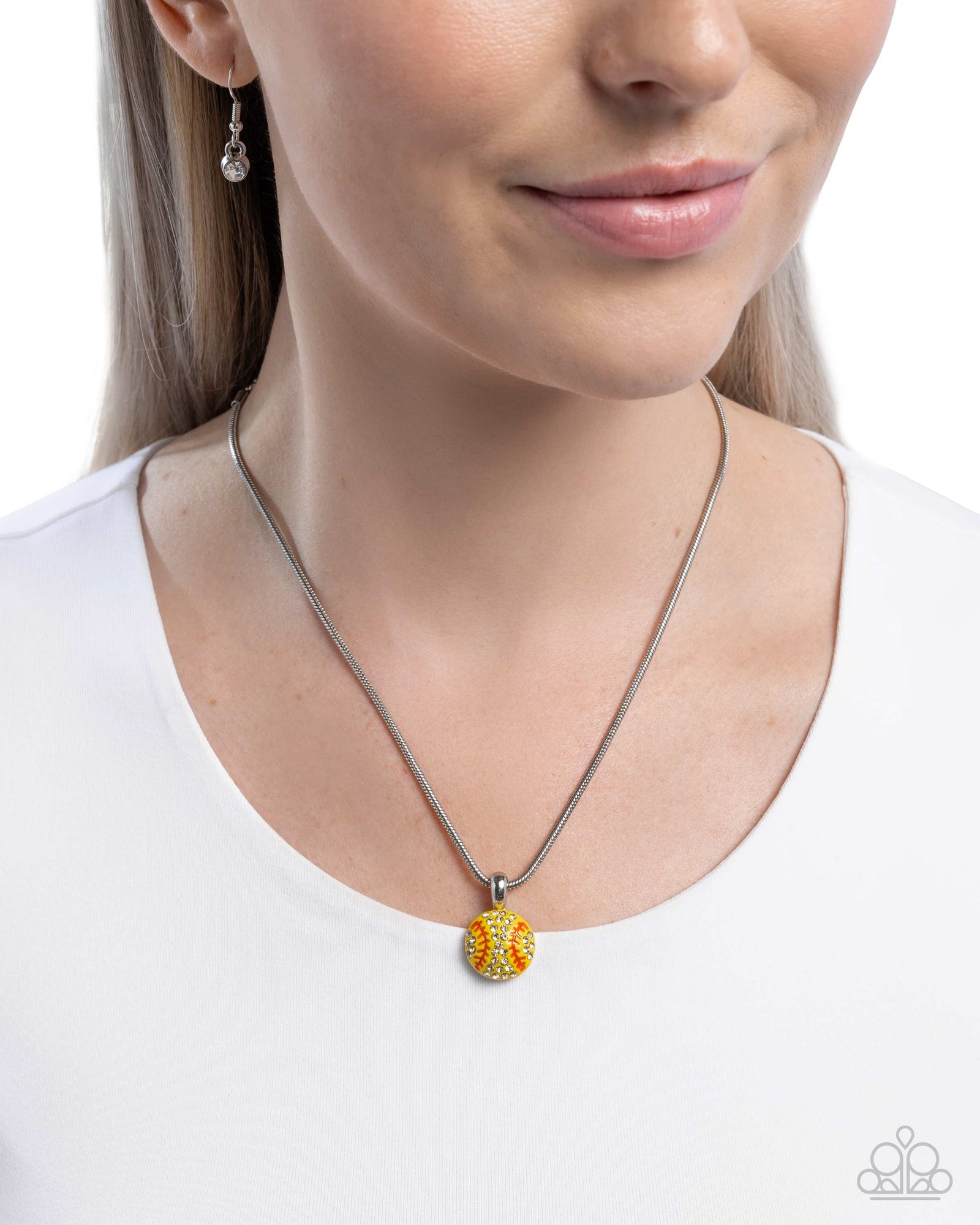 Throw a Softball Yellow & White Rhinestone Necklace - Paparazzi Accessories- lightbox - CarasShop.com - Paparazzi Jewelry by Cara Jewels