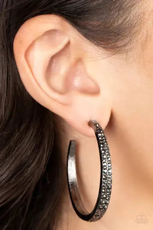 Tick, Tick, Boom! Black Earrings - Paparazzi Accessories-on model - CarasShop.com - Paparazzi Jewelry by Cara Jewels