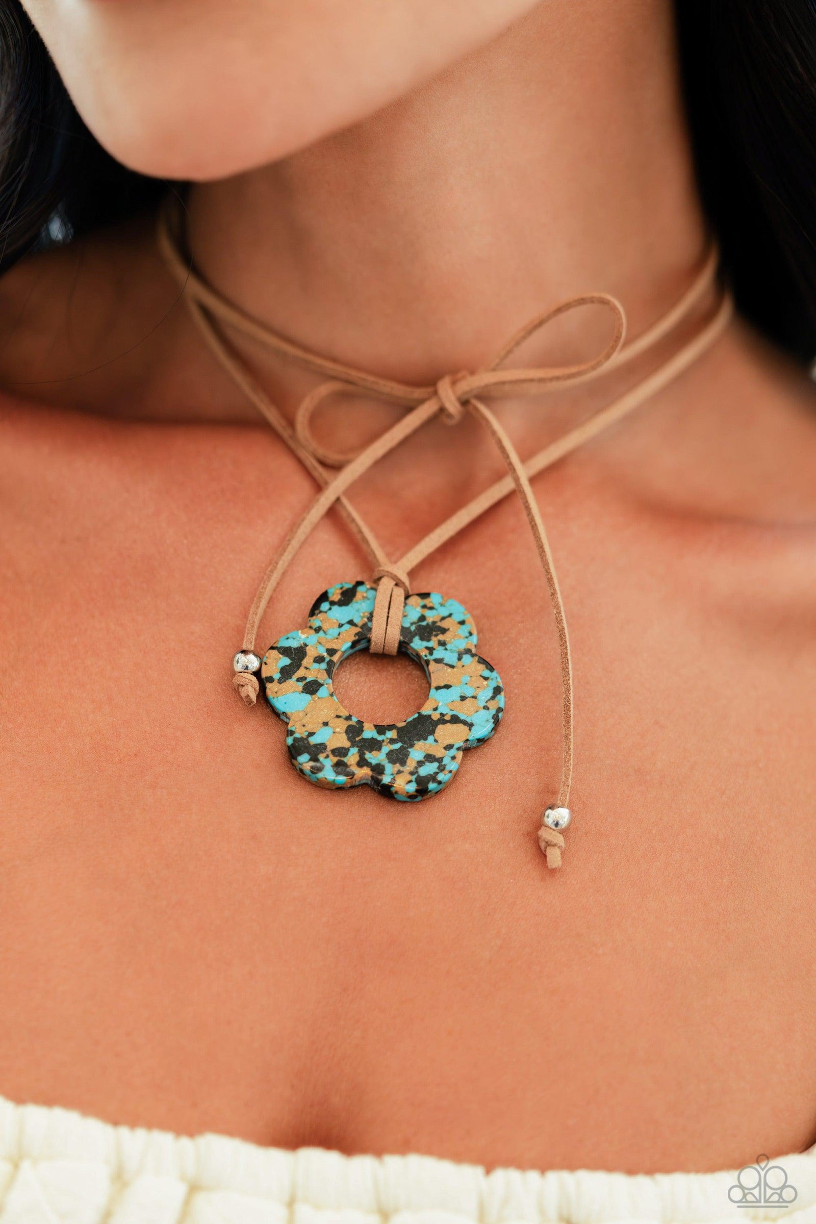 Tied Triumph Brown & Turquoise Blue Stone Flower Necklace - Paparazzi Accessories- lightbox - CarasShop.com - Paparazzi Jewelry by Cara Jewels