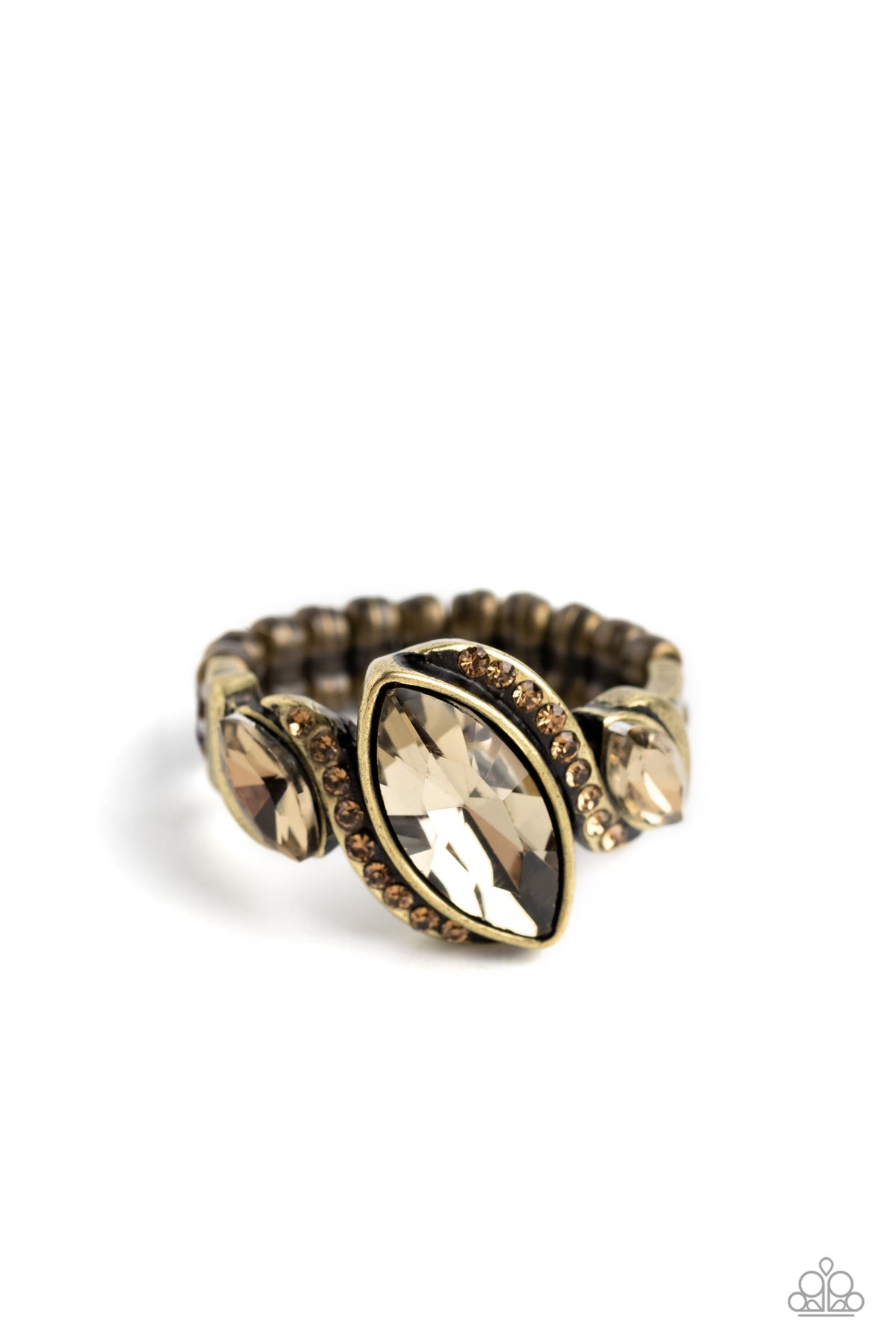 Tilted Triplets Brass Rhinestone Ring - Paparazzi Accessories- lightbox - CarasShop.com - Paparazzi Jewelry by Cara Jewels