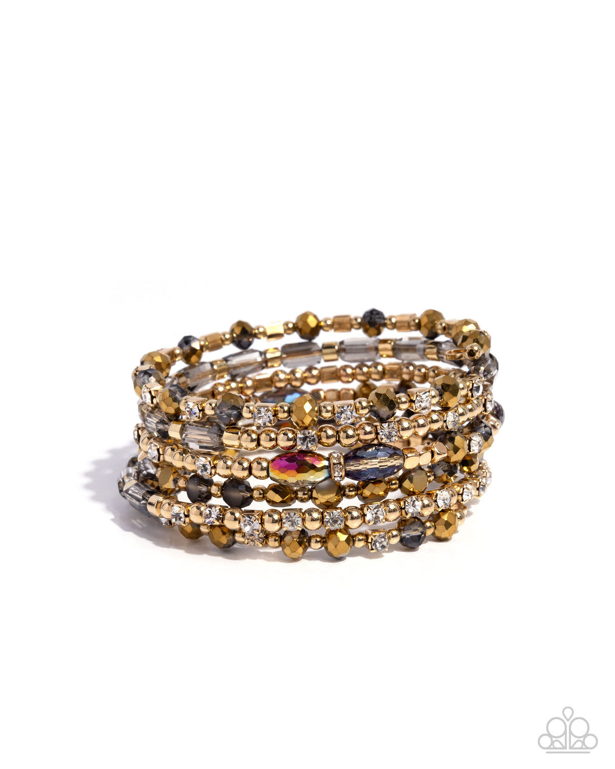 Timeless Tango Brass, Gunmetal & White Rhinestone Coil Bracelet - Paparazzi Accessories- lightbox - CarasShop.com - Paparazzi Jewelry by Cara Jewels