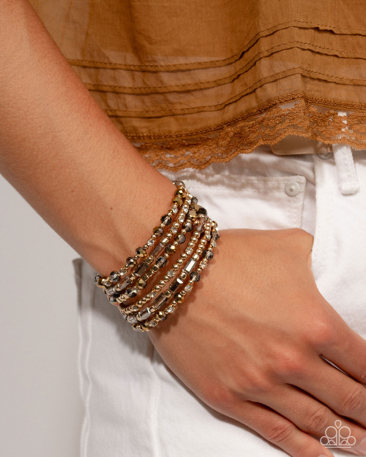 Timeless Tango Brass, Gunmetal & White Rhinestone Coil Bracelet - Paparazzi Accessories-on model - CarasShop.com - Paparazzi Jewelry by Cara Jewels