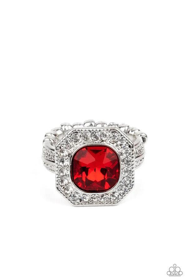 Title Match Red Rhinestone Ring - Paparazzi Accessories- lightbox - CarasShop.com - Paparazzi Jewelry by Cara Jewels