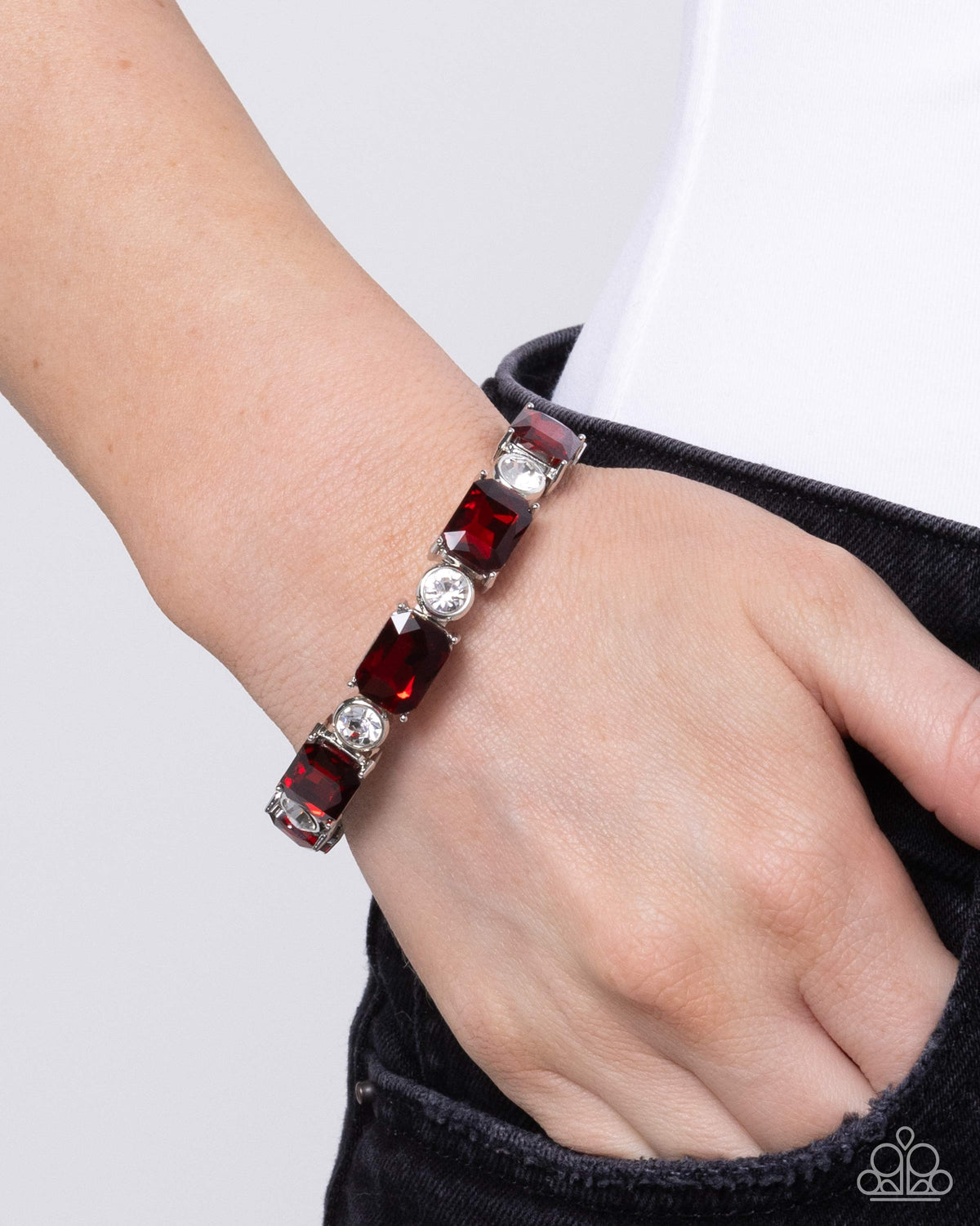 Tonight Only! Red & White Rhinestone Bracelet - Paparazzi Accessories- on model - CarasShop.com - Paparazzi Jewelry by Cara Jewels