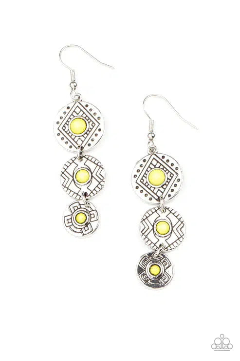 Totem Temptress Yellow Earrings - Paparazzi Accessories- lightbox - CarasShop.com - Paparazzi Jewelry by Cara Jewels