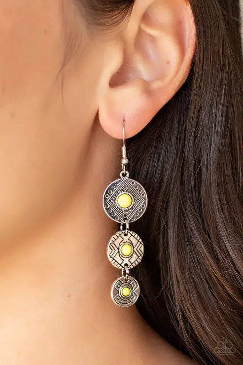 Totem Temptress Yellow Earrings - Paparazzi Accessories- on model - CarasShop.com - Paparazzi Jewelry by Cara Jewels