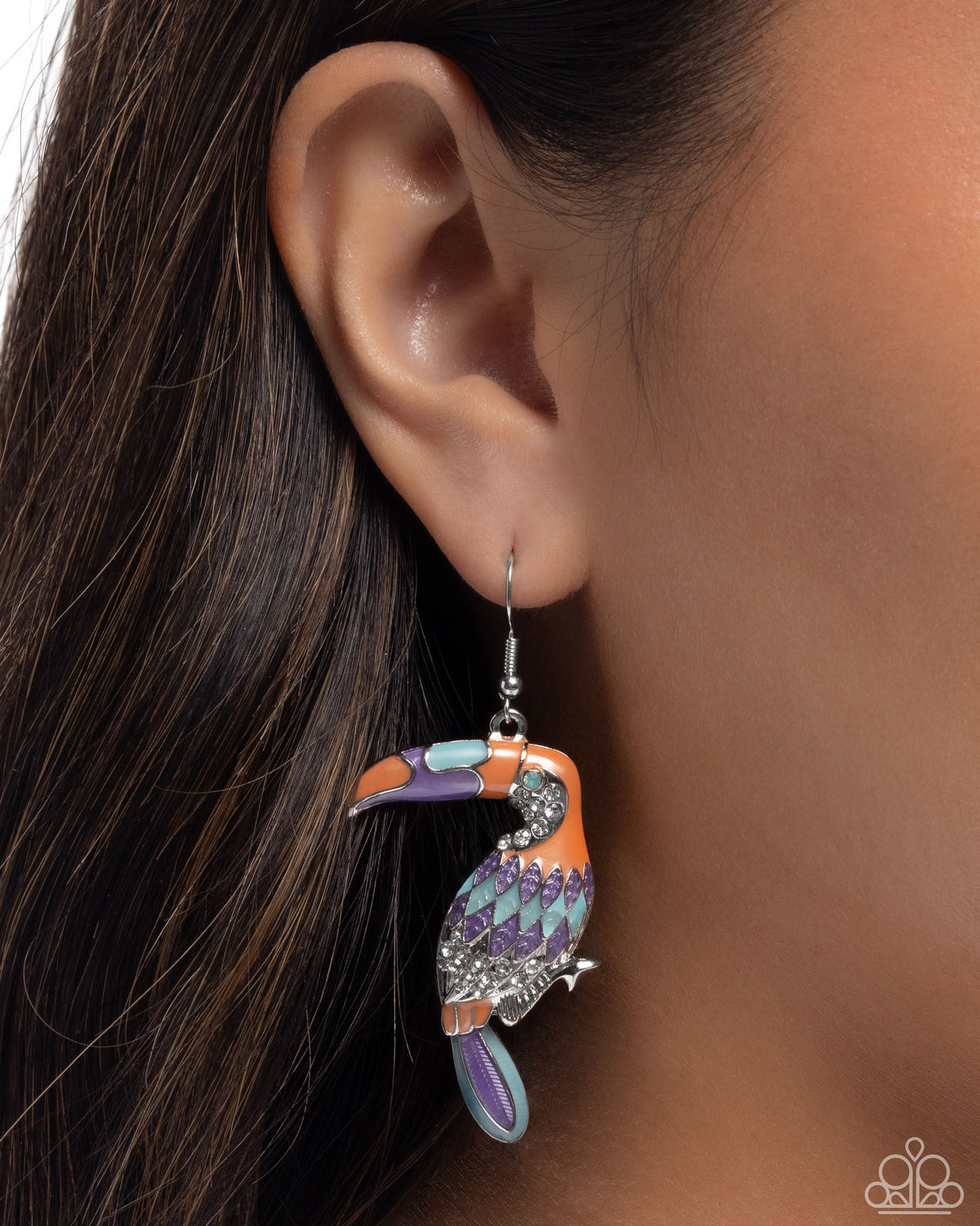 Toucan Tourist Orange & Purple Earrings - Paparazzi Accessories- on model - CarasShop.com - Paparazzi Jewelry by Cara Jewels