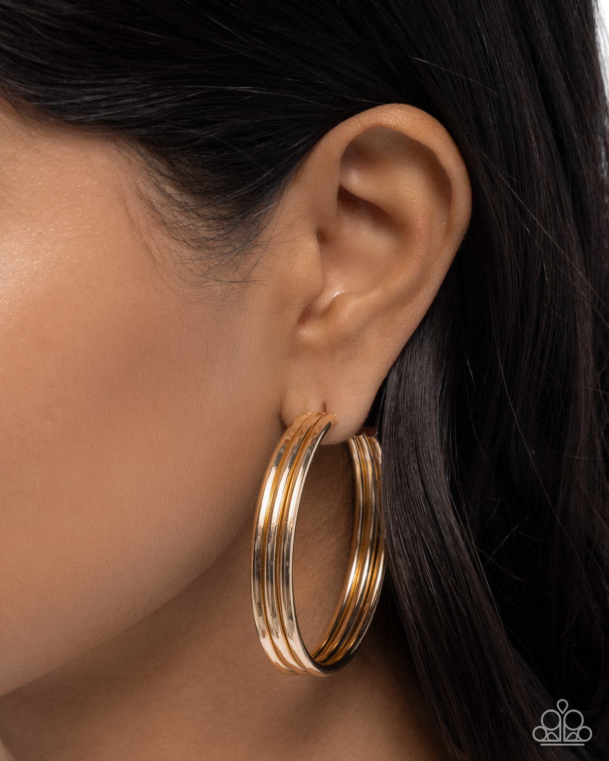 Traditional Trio Gold Hoop Earrings - Paparazzi Accessories-on model - CarasShop.com - Paparazzi Jewelry by Cara Jewels