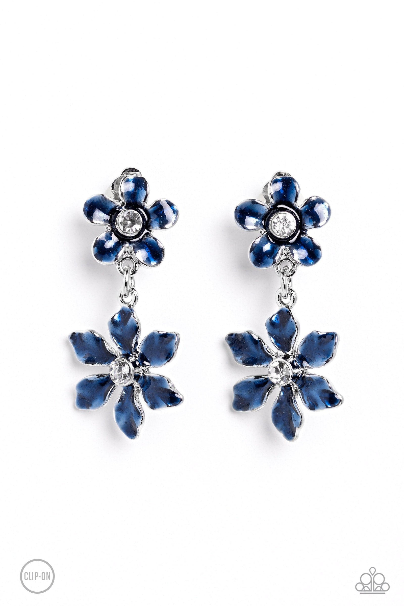 Transparent Talent Blue Flower Clip-on Earrings - Paparazzi Accessories- lightbox - CarasShop.com - Paparazzi Jewelry by Cara Jewels