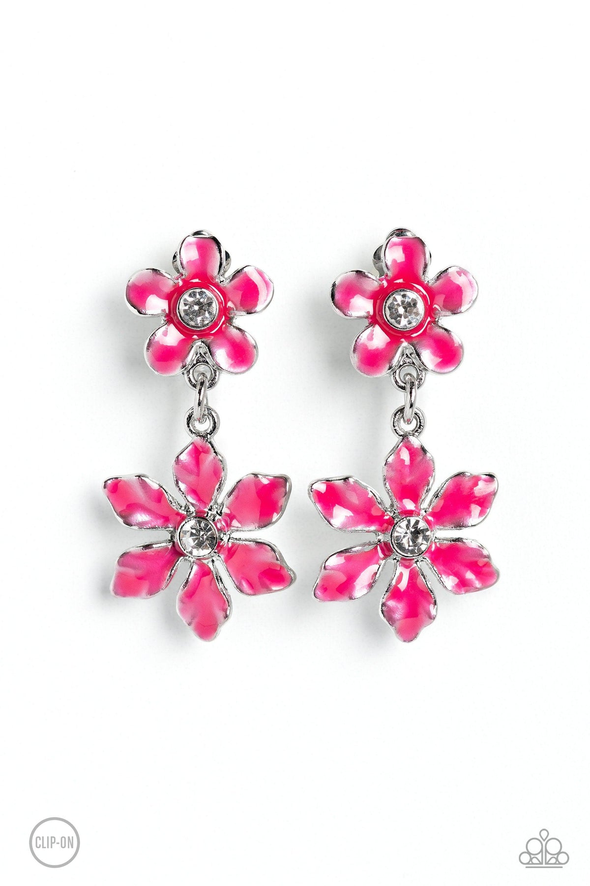 Transparent Talent Pink Flower Clip On Earrings - Paparazzi Accessories- lightbox - CarasShop.com - Paparazzi Jewelry by Cara Jewels