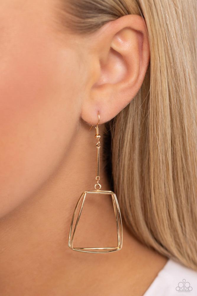 Trapezoidal Transcendence Gold Earrings - Paparazzi Accessories- on model - CarasShop.com - Paparazzi Jewelry by Cara Jewels