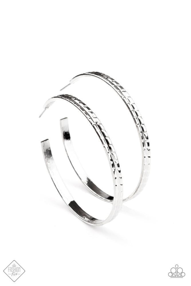 TREAD All About It Silver Hoop Earrings - Paparazzi Accessories- lightbox - CarasShop.com - Paparazzi Jewelry by Cara Jewels