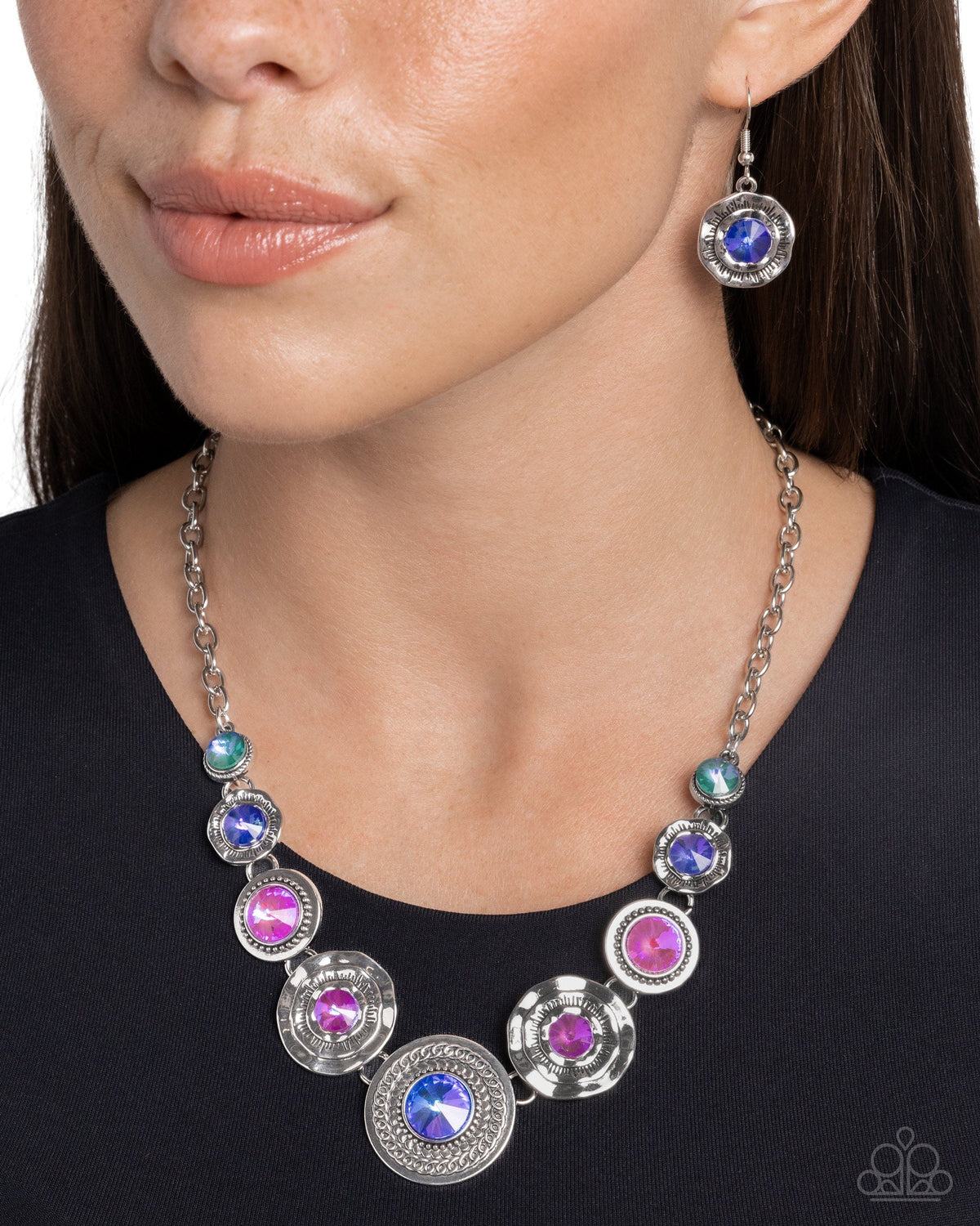 Treasure Chest Couture Multi Blue & Purple Rhinestone Necklace - Paparazzi Accessories- on model - CarasShop.com - Paparazzi Jewelry by Cara Jewels