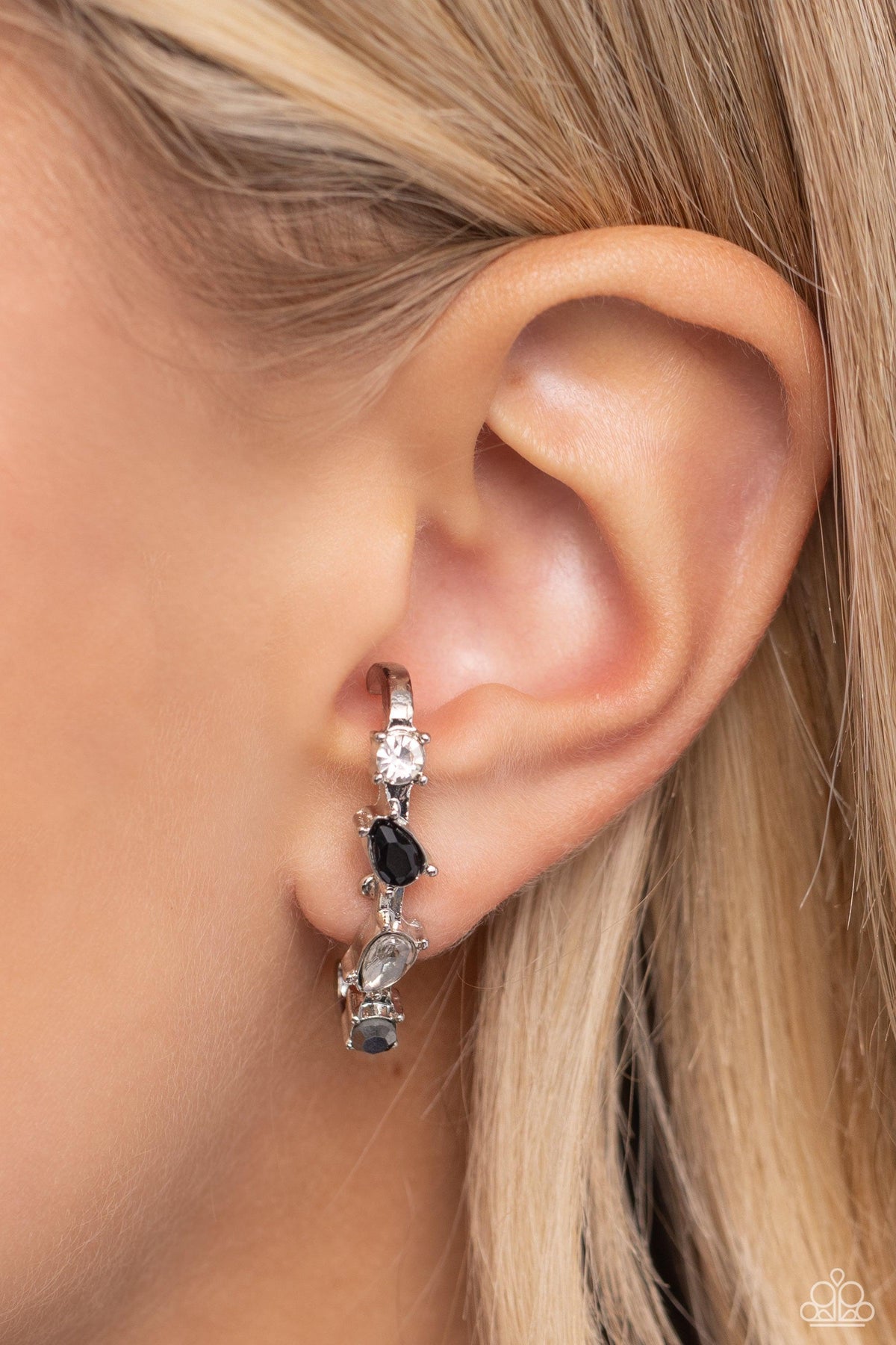 Trendy Twists Black & White Rhinestone Illusion Post Earrings - Paparazzi Accessories- on model - CarasShop.com - Paparazzi Jewelry by Cara Jewels