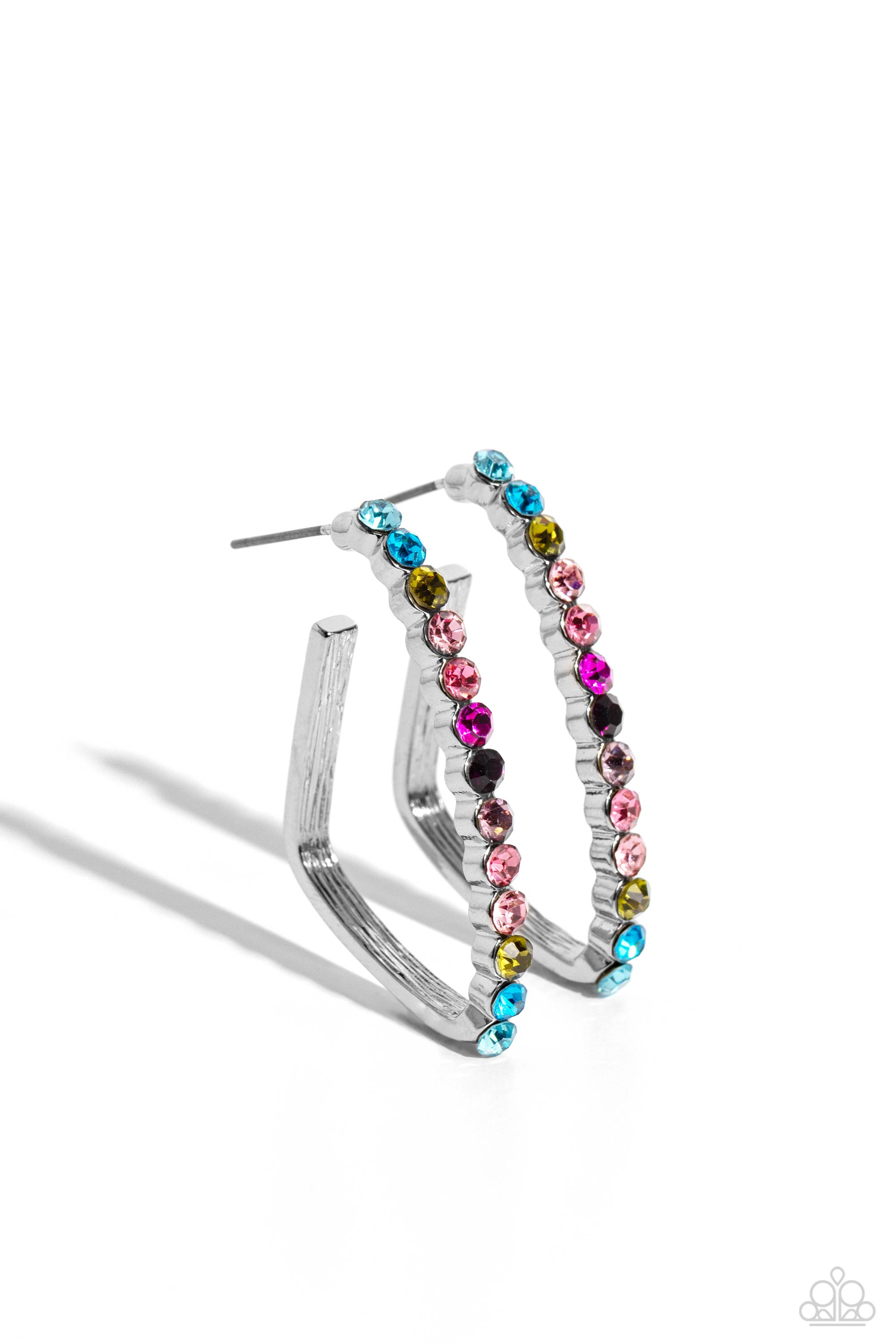 Triangular Tapestry Multi Rhinestone Hoop Earrings - Paparazzi Accessories- lightbox - CarasShop.com - Paparazzi Jewelry by Cara Jewels