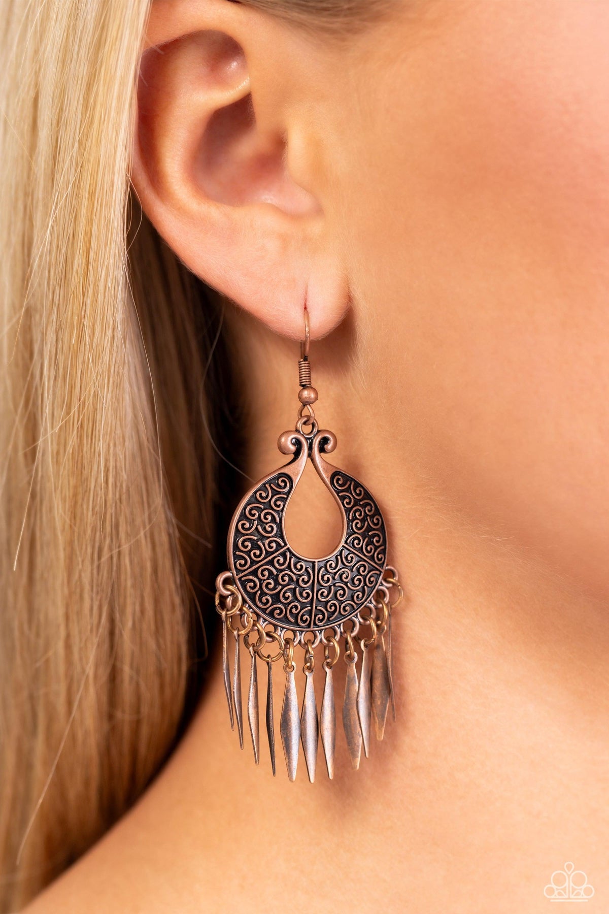 Tribal Charm Copper Earrings - Paparazzi Accessories- on model - CarasShop.com - Paparazzi Jewelry by Cara Jewels