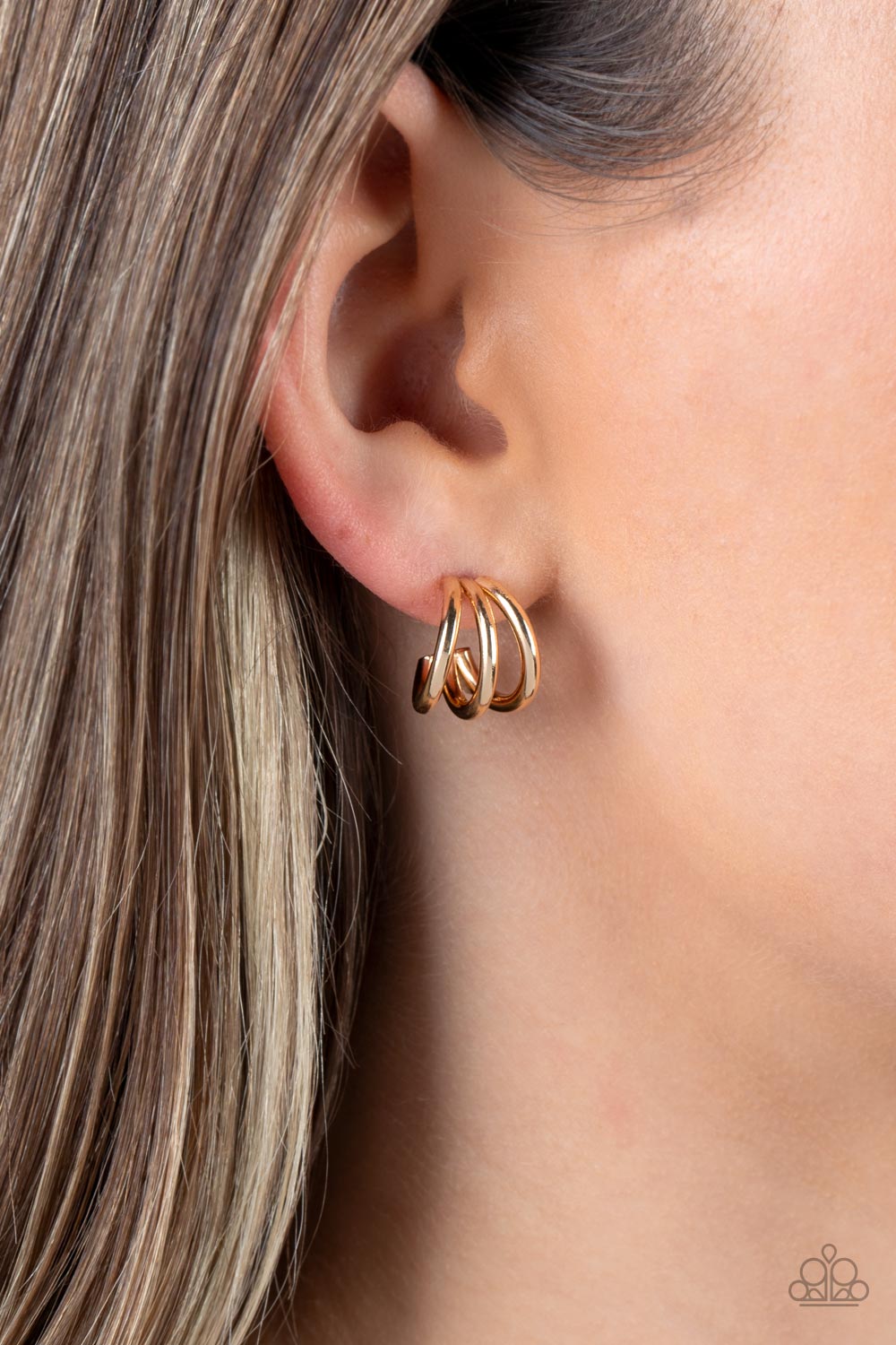 TRIPLE Down Gold Mini Hoop Earrings - Paparazzi Accessories- on model - CarasShop.com - Paparazzi Jewelry by Cara Jewels