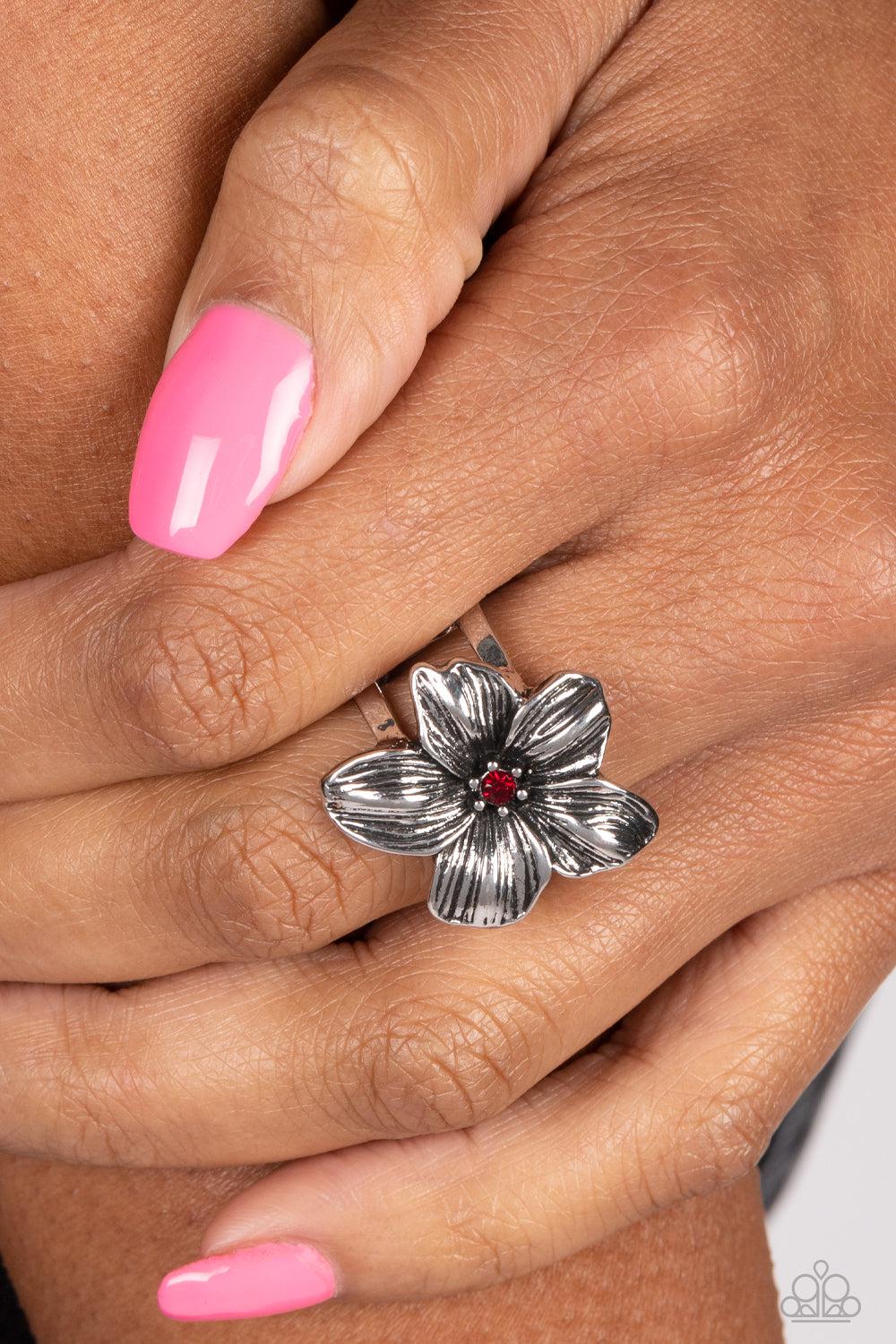 Tropical Treat Red Flower Ring - Paparazzi Accessories- on model - CarasShop.com - Paparazzi Jewelry by Cara Jewels