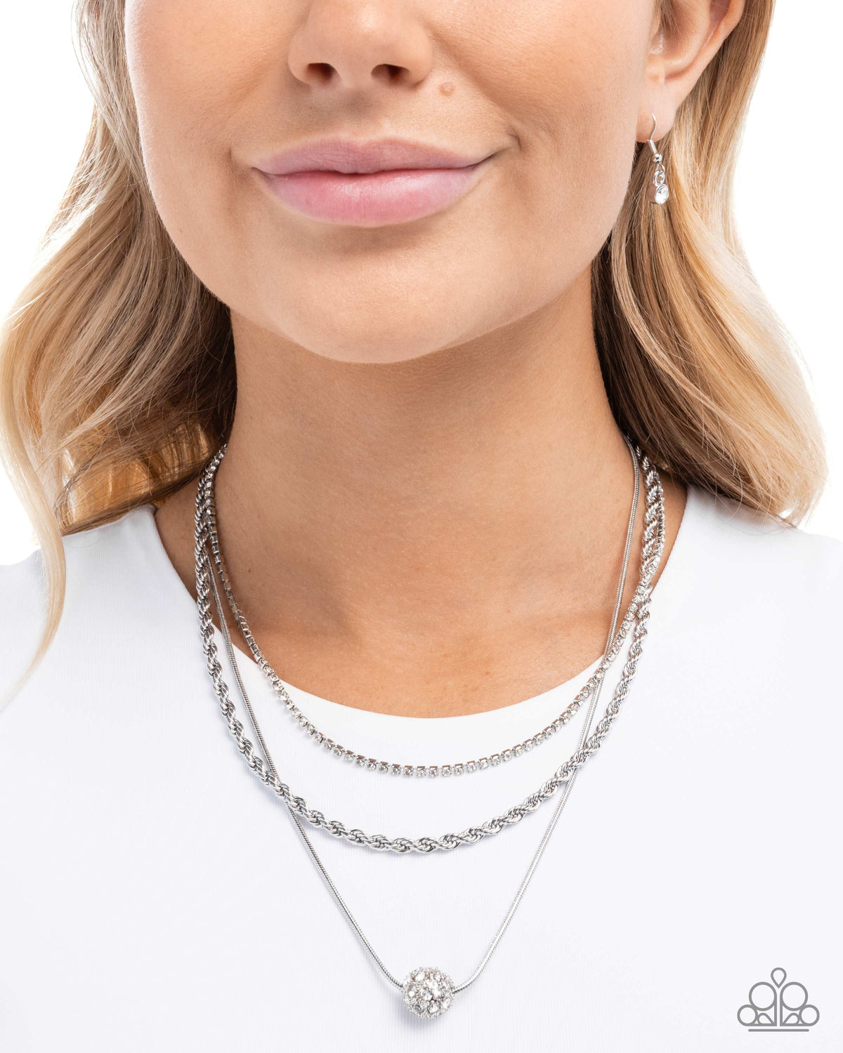 True Love Tiers White Rhinestone Layered Necklace - Paparazzi Accessories-on model - CarasShop.com - Paparazzi Jewelry by Cara Jewels