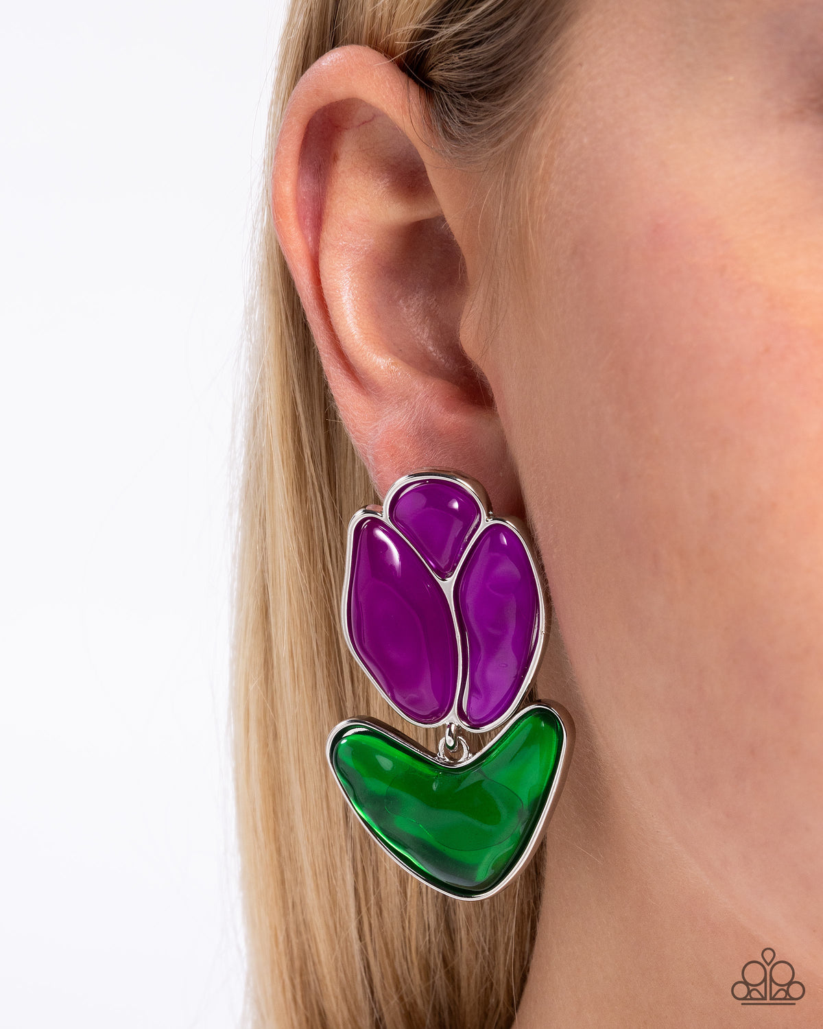 Tulip Triumph Purple Acrylic Earrings - Paparazzi Accessories- on model - CarasShop.com - Paparazzi Jewelry by Cara Jewels