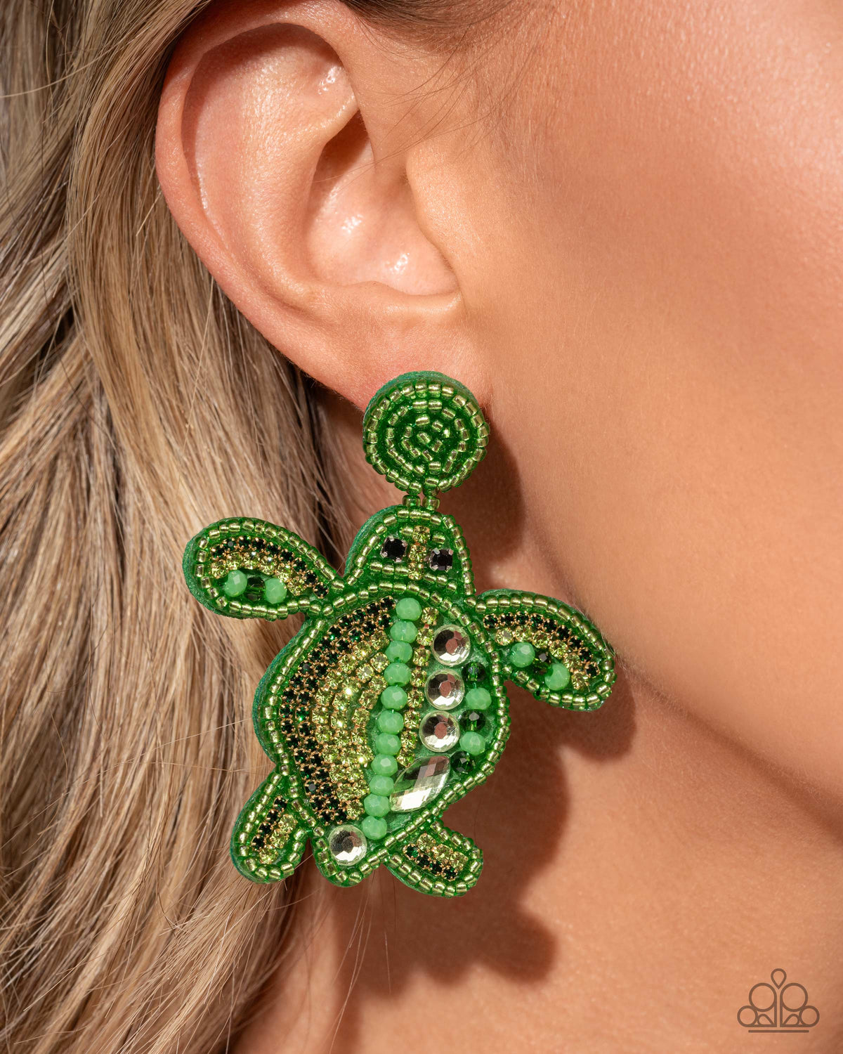 Turtle Tapestry Green Earrings - Paparazzi Accessories-on model - CarasShop.com - Paparazzi Jewelry by Cara Jewels