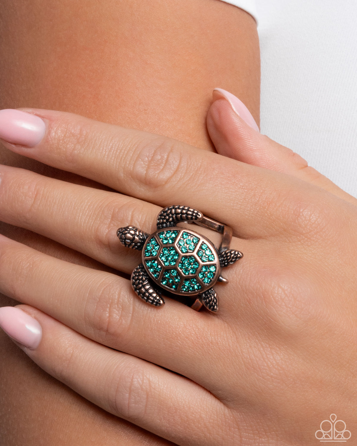 Turtle Triumph Copper & Turquoise Rhinestone Ring - Paparazzi Accessories- on model - CarasShop.com - Paparazzi Jewelry by Cara Jewels