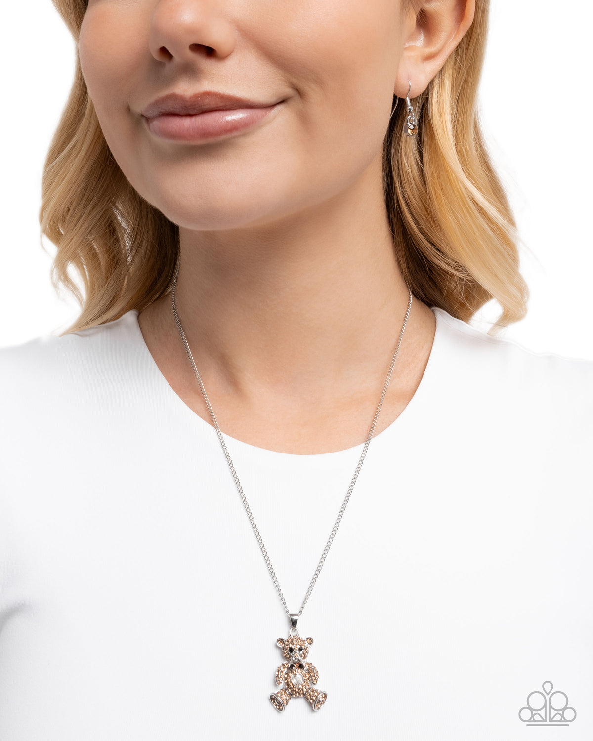 Twinkling Teddy Brown Rhinestone Necklace - Paparazzi Accessories-on model - CarasShop.com - Paparazzi Jewelry by Cara Jewels