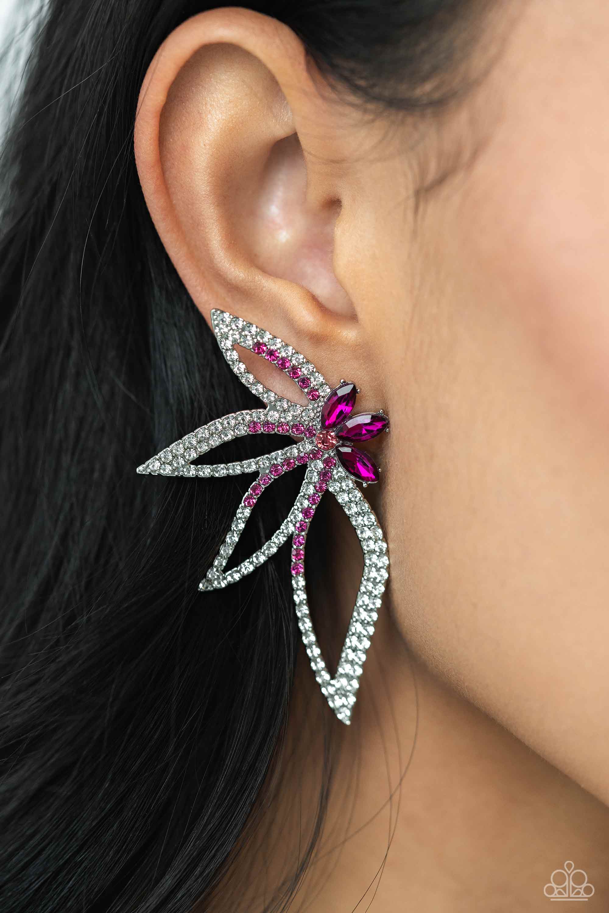 Twinkling Tulip Pink Rhinestone Floral Earrings - Paparazzi Accessories- lightbox - CarasShop.com - Paparazzi Jewelry by Cara Jewels