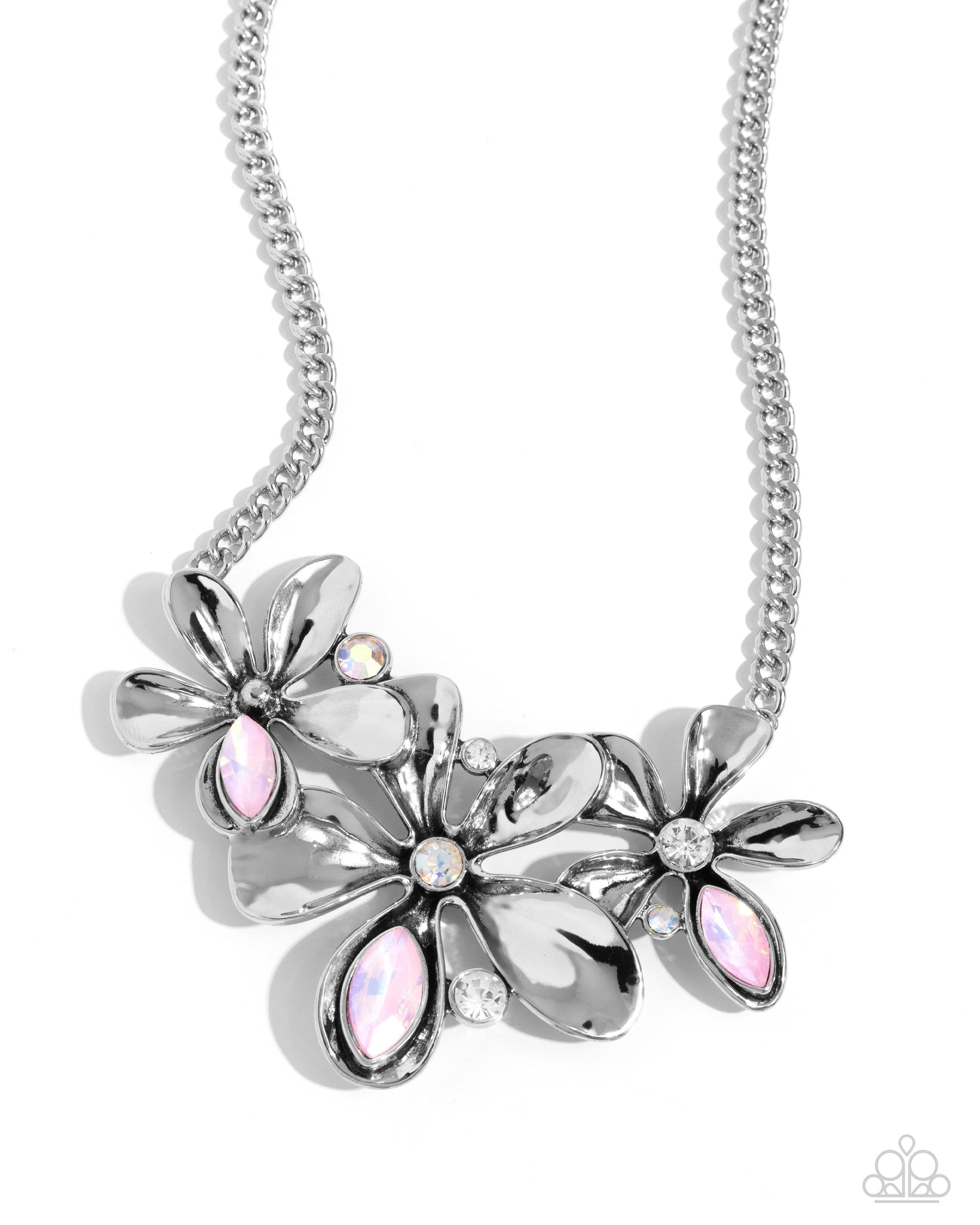 Twirling Triad Pink & Silver Flower Necklace - Paparazzi Accessories- lightbox - CarasShop.com - Paparazzi Jewelry by Cara Jewels